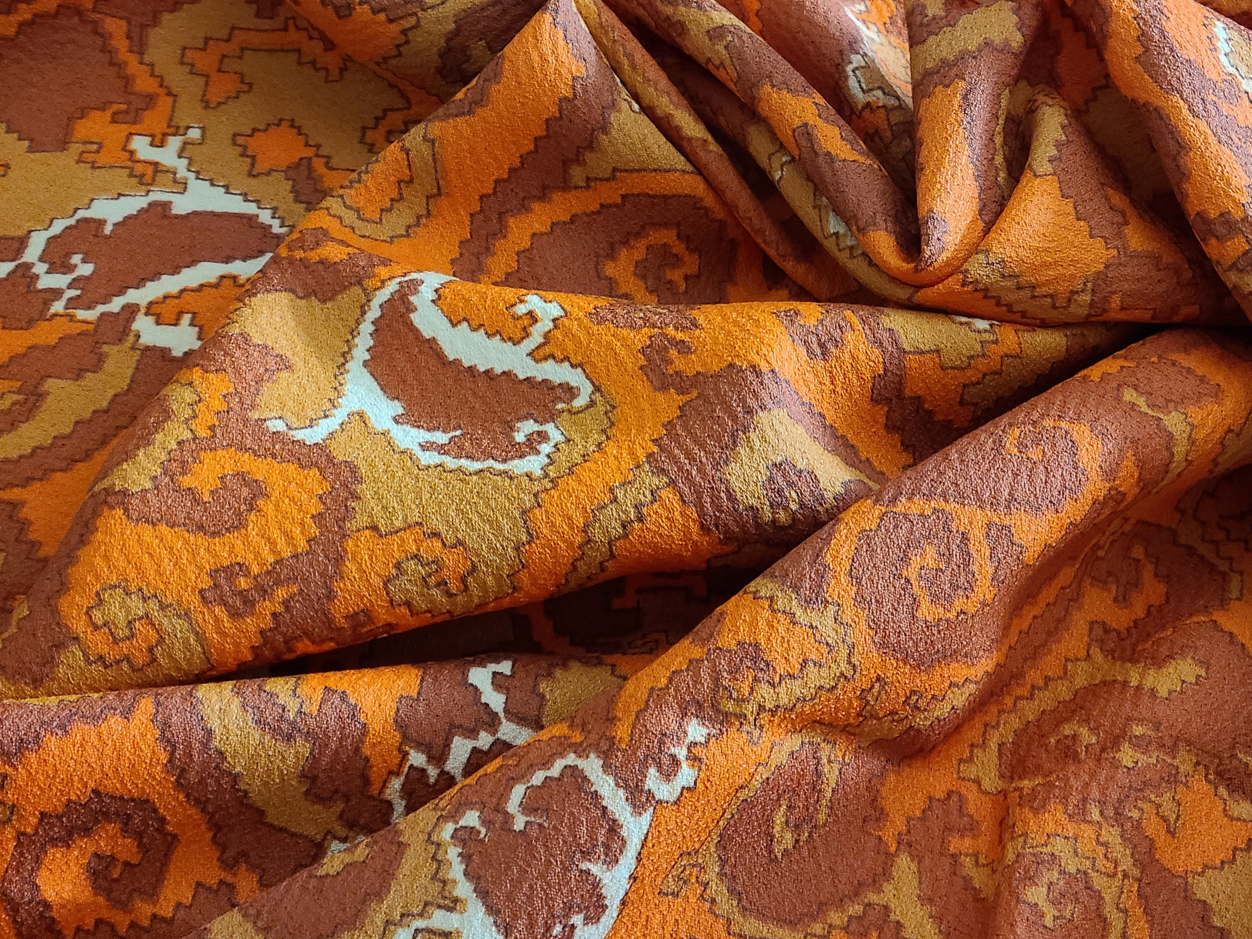1960s 1970s Retro Fabric - Crepe Polyester - Geometric - Orange - Fabric Remnant - 6PCR44