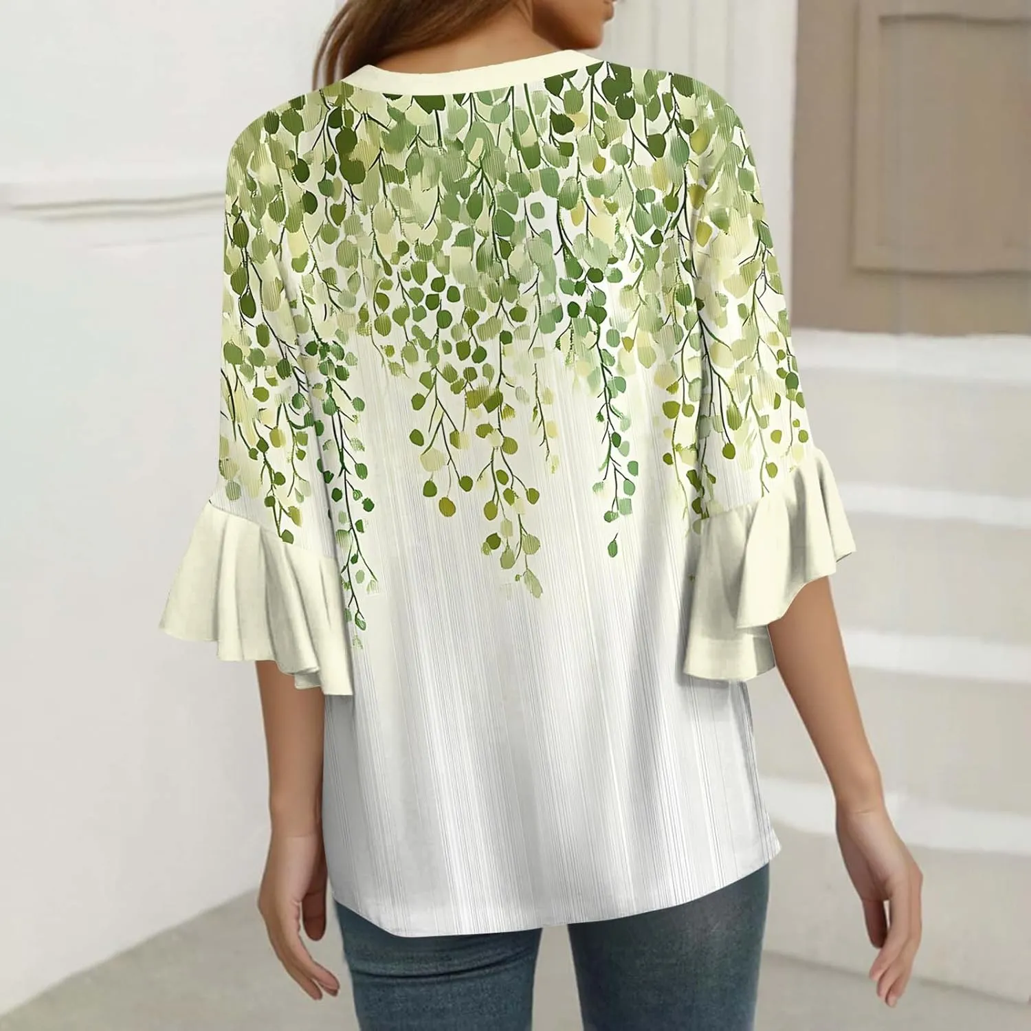 3/4 Length Sleeves Womens Tops - Floral Shirts Flowy Ruffle Sleeve Tops Half Button Down Shirt Summer V Neck Blouse