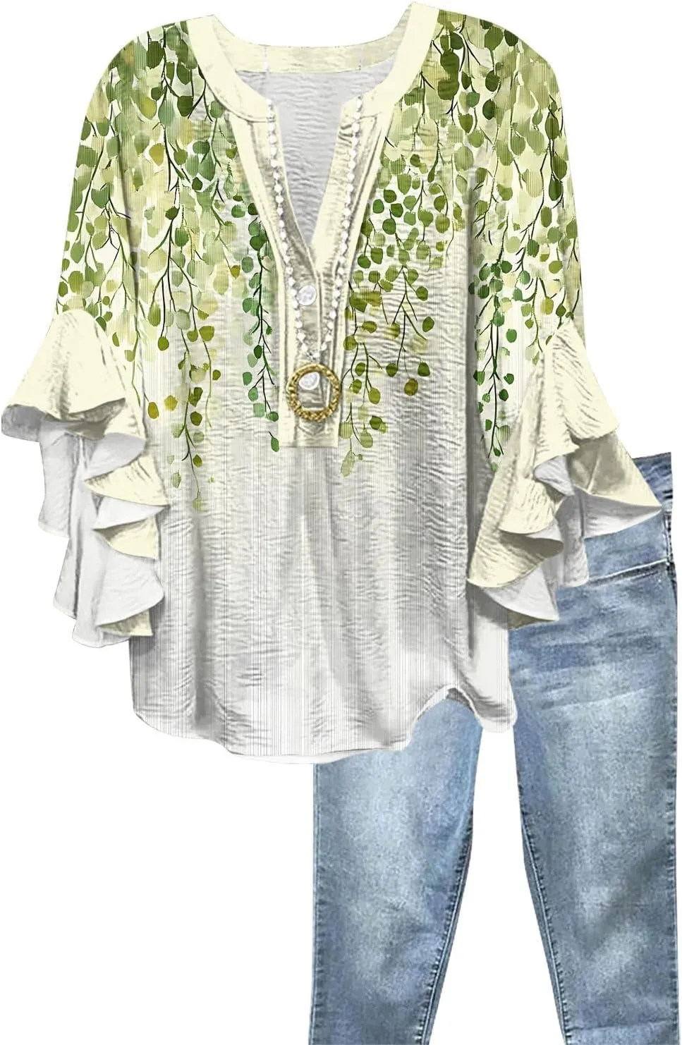 3/4 Length Sleeves Womens Tops - Floral Shirts Flowy Ruffle Sleeve Tops Half Button Down Shirt Summer V Neck Blouse
