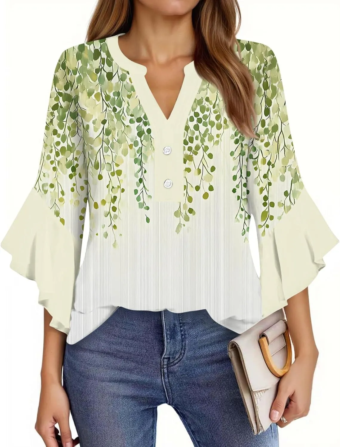 3/4 Length Sleeves Womens Tops - Floral Shirts Flowy Ruffle Sleeve Tops Half Button Down Shirt Summer V Neck Blouse