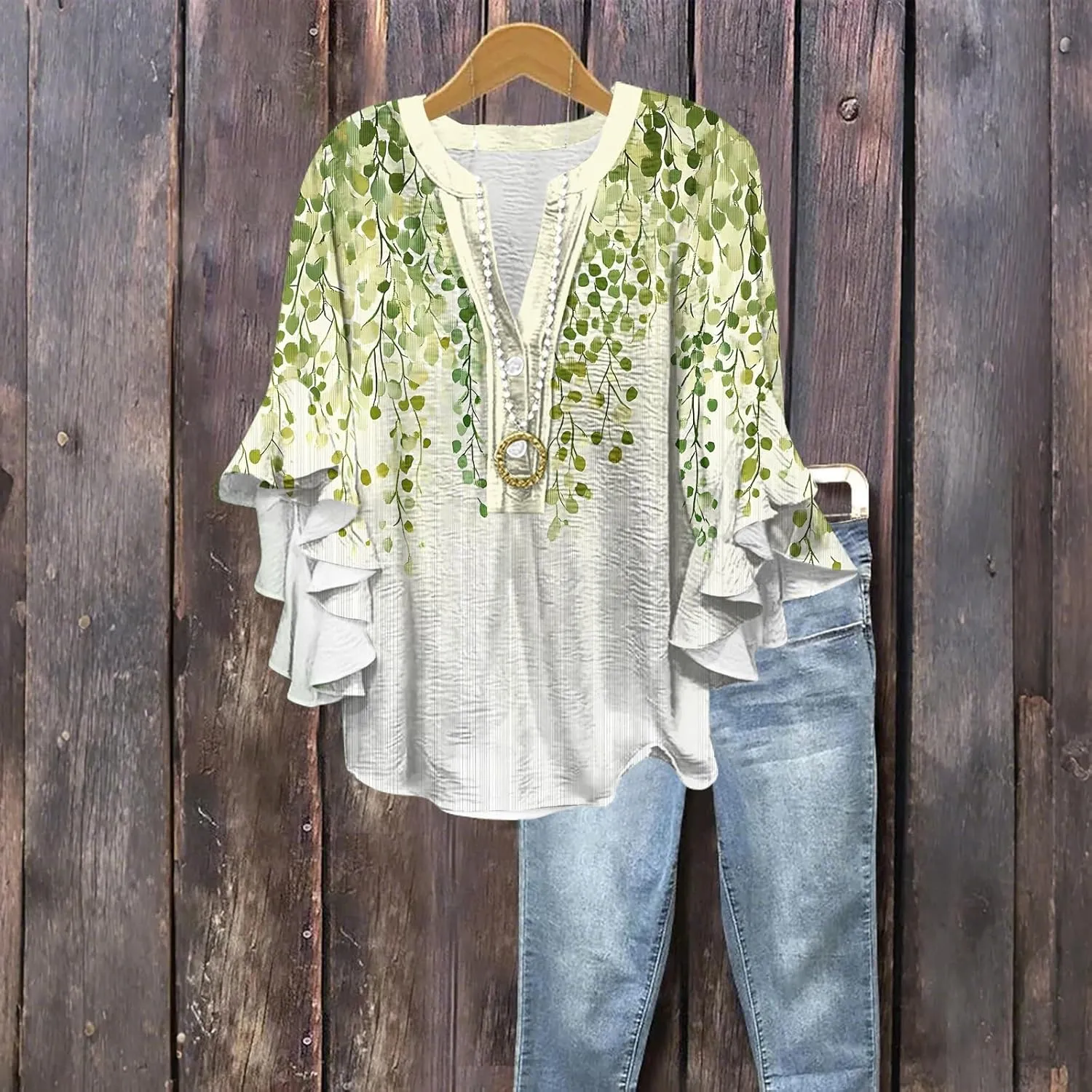 3/4 Length Sleeves Womens Tops - Floral Shirts Flowy Ruffle Sleeve Tops Half Button Down Shirt Summer V Neck Blouse