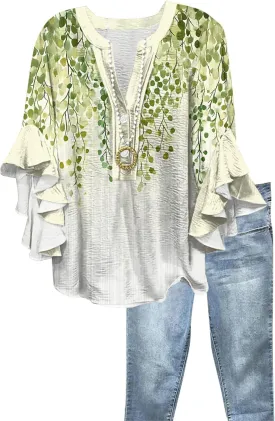 3/4 Length Sleeves Womens Tops - Floral Shirts Flowy Ruffle Sleeve Tops Half Button Down Shirt Summer V Neck Blouse