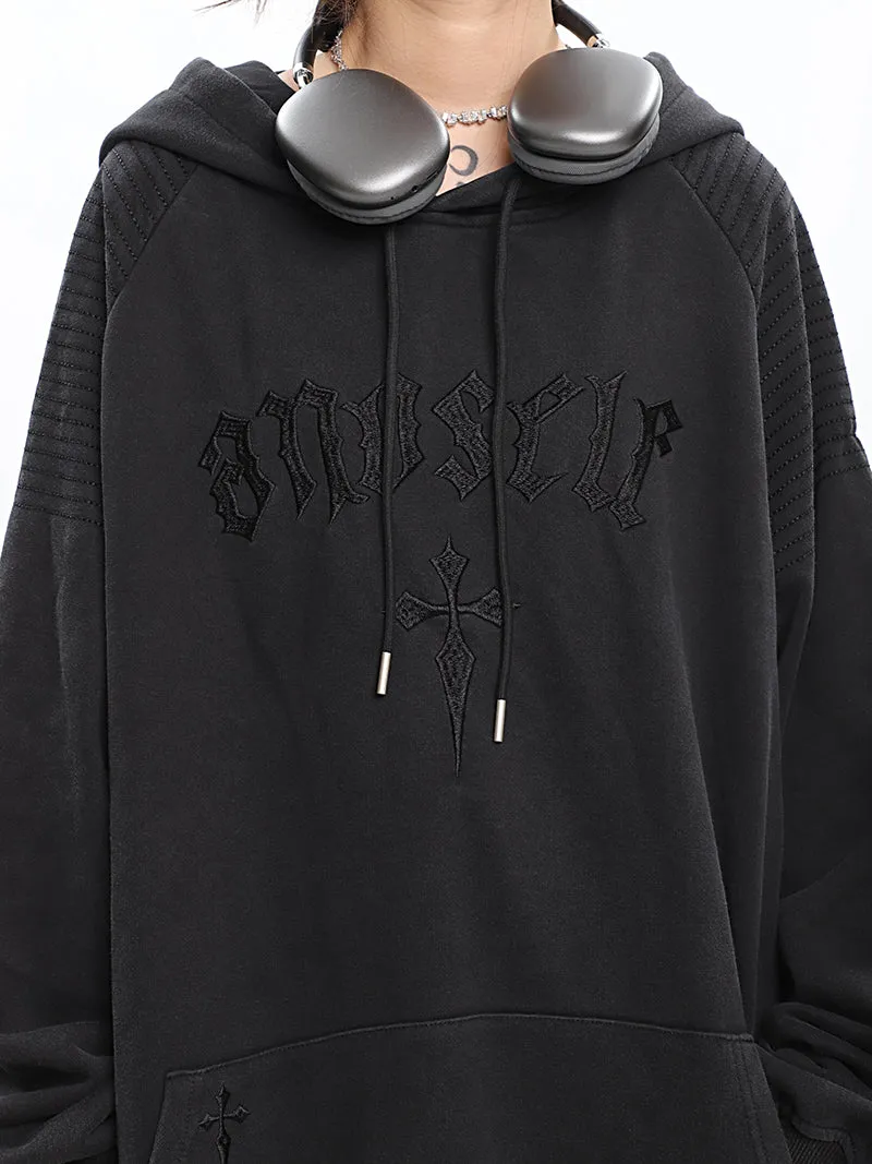 ANOSELF Embroidery Solid Color Long Sleeve Hoodie