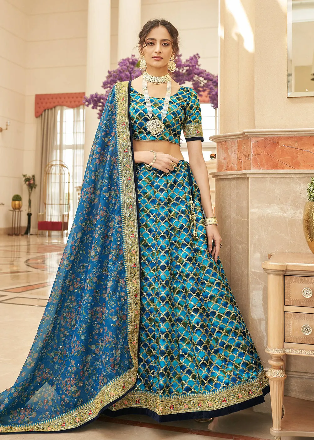 Appealing Blue Art Silk Embroidery Wedding Lehenga Choli