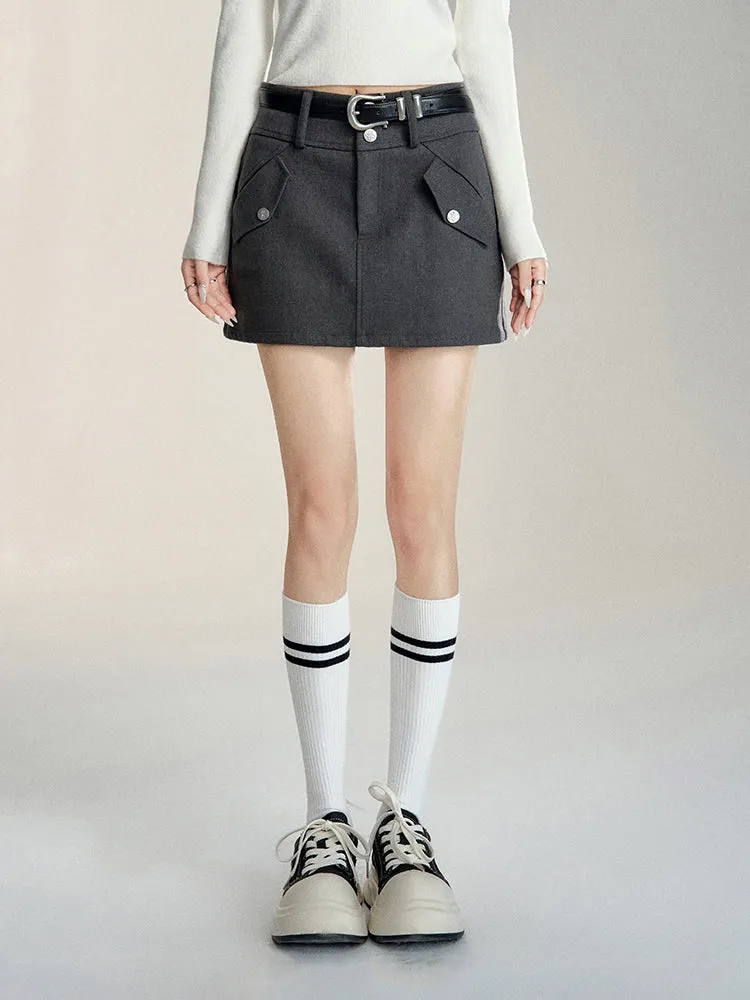 Black & Gray High Waist A-line Woolen Skirt