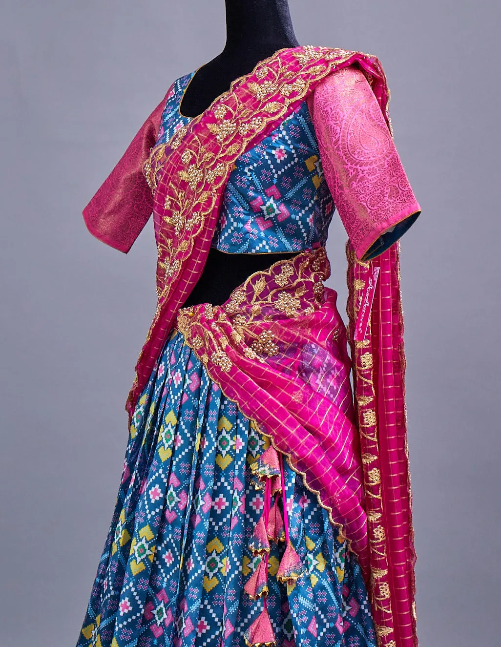 Blue and Pink Semi Silk based Fabric with Patola print Half saree with Georgette dupatta