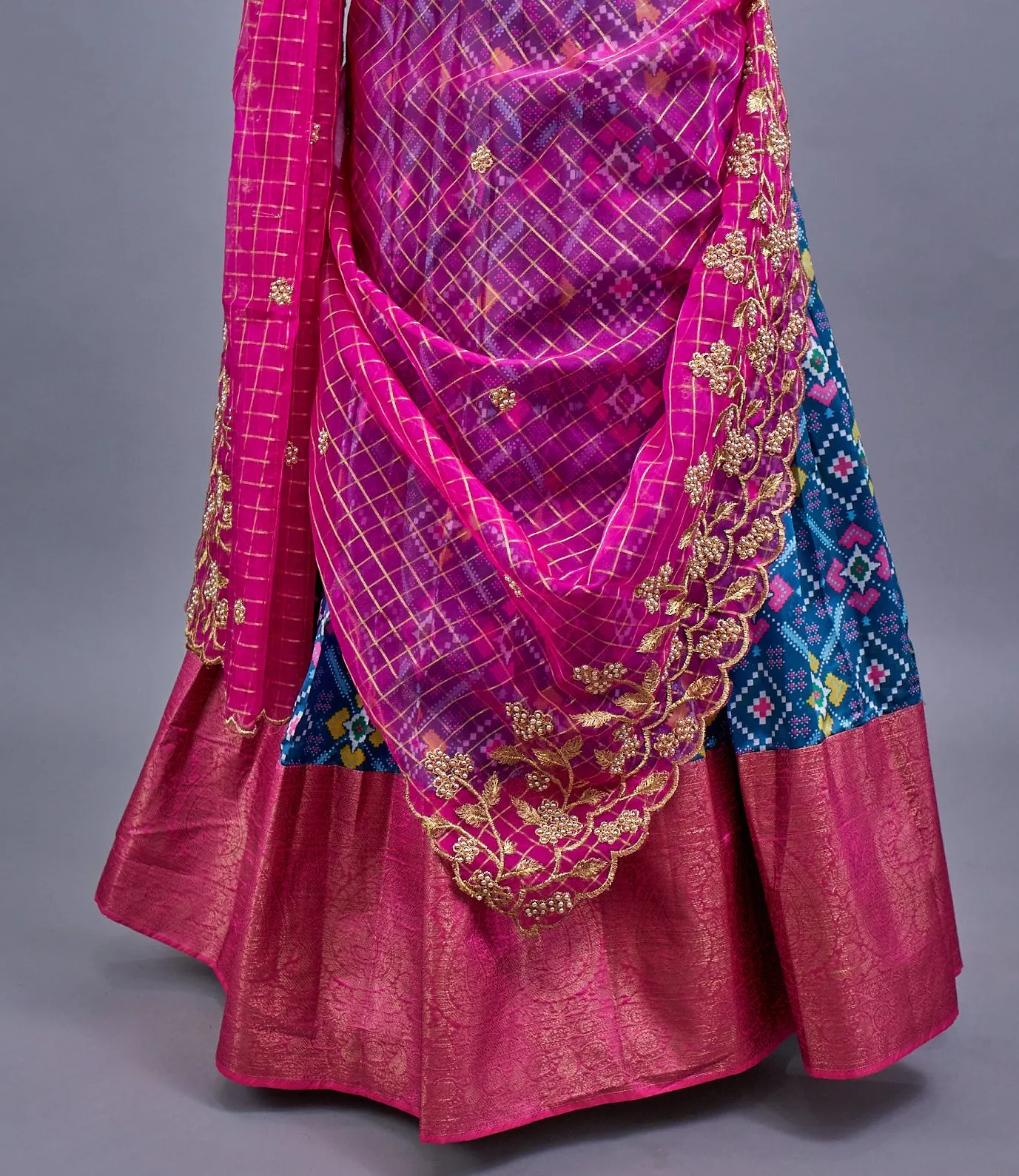 Blue and Pink Semi Silk based Fabric with Patola print Half saree with Georgette dupatta