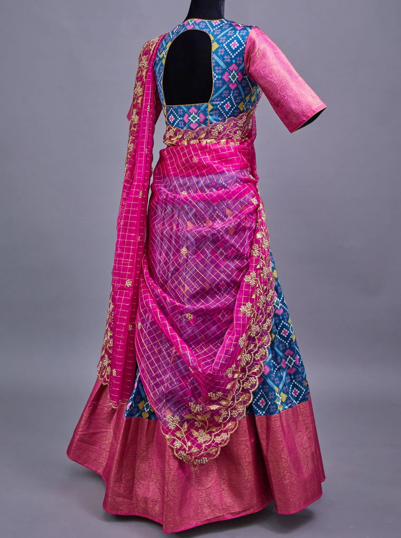 Blue and Pink Semi Silk based Fabric with Patola print Half saree with Georgette dupatta