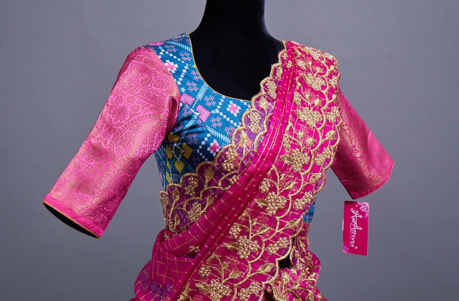 Blue and Pink Semi Silk based Fabric with Patola print Half saree with Georgette dupatta