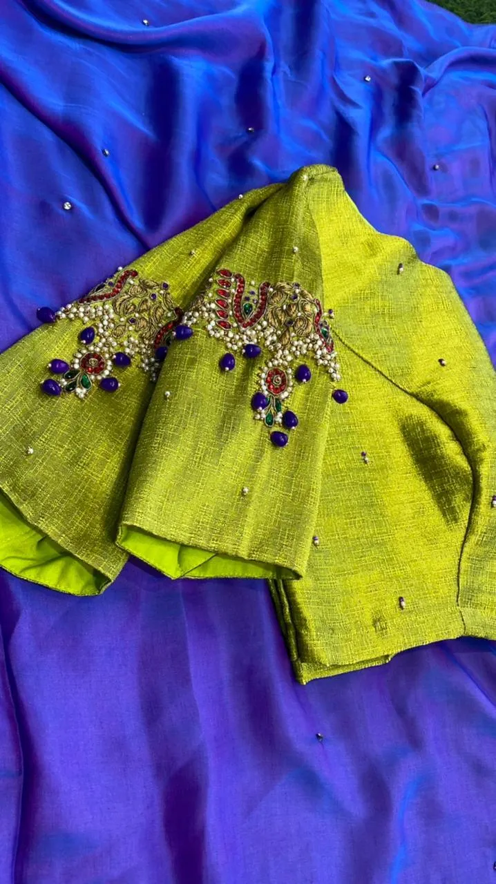 Blue Malai Silk saree with heavy hand worked blouse