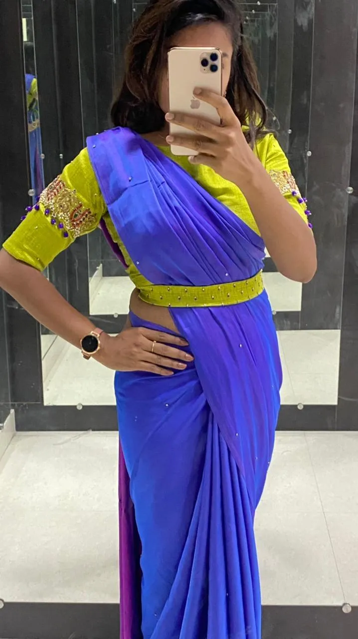 Blue Malai Silk saree with heavy hand worked blouse
