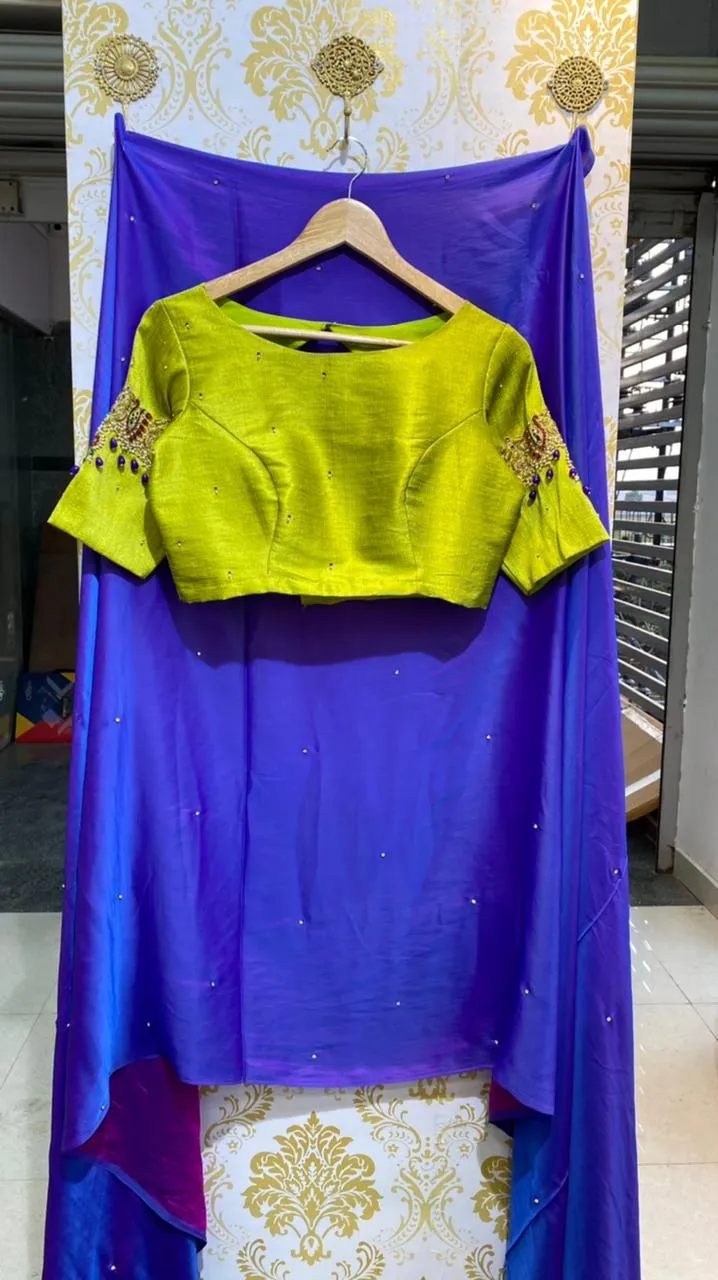 Blue Malai Silk saree with heavy hand worked blouse