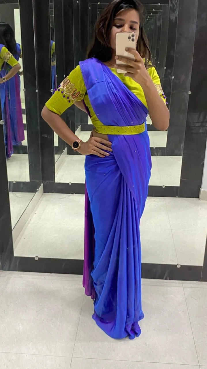 Blue Malai Silk saree with heavy hand worked blouse