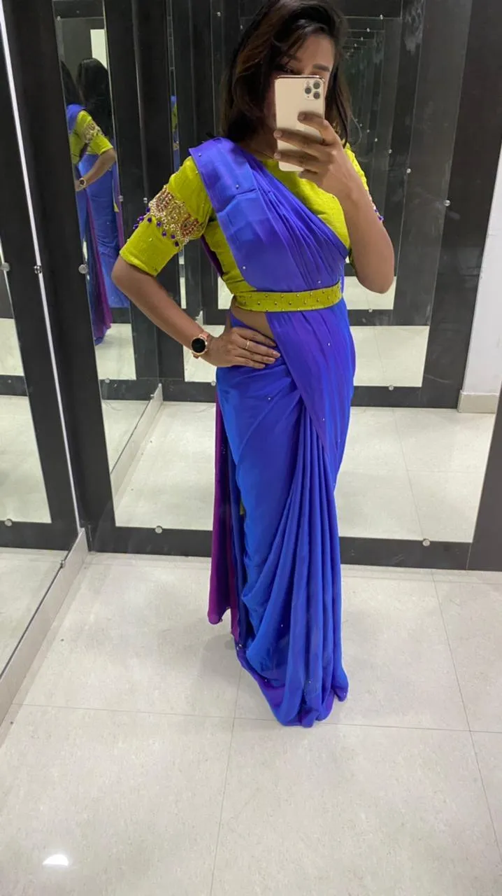 Blue Malai Silk saree with heavy hand worked blouse
