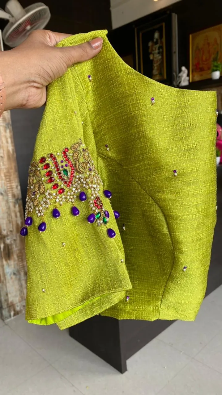 Blue Malai Silk saree with heavy hand worked blouse