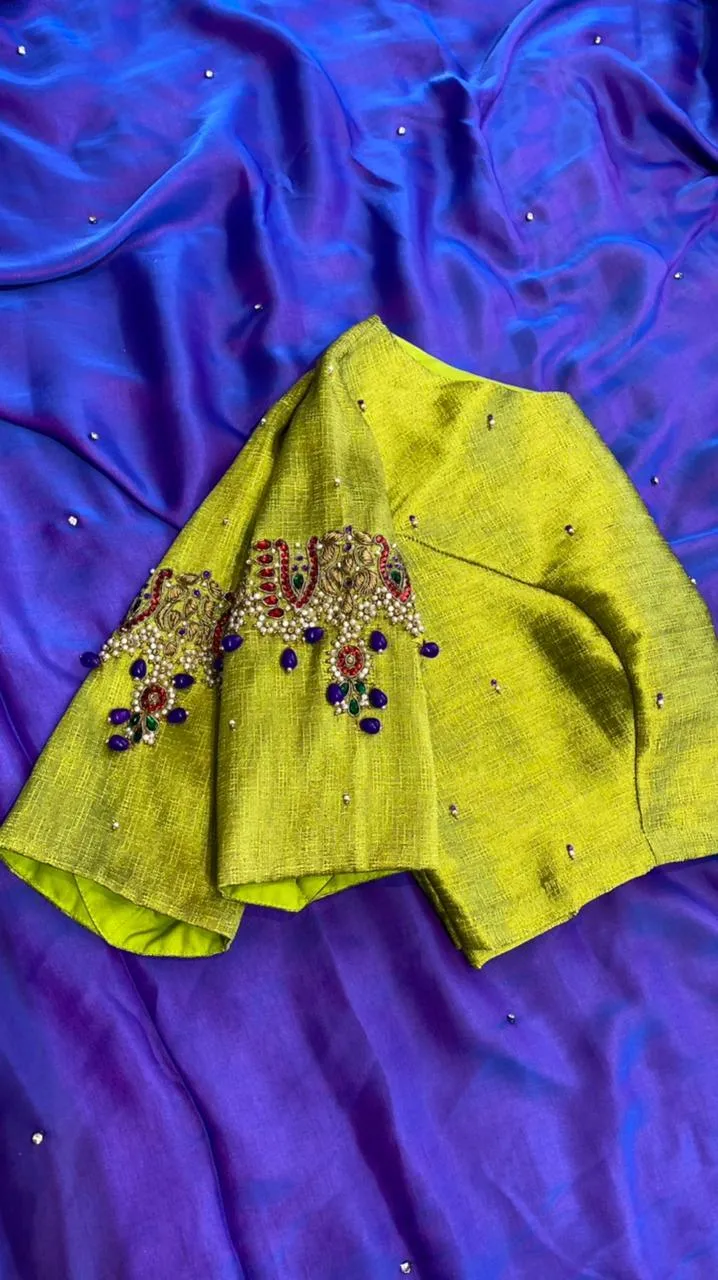 Blue Malai Silk saree with heavy hand worked blouse