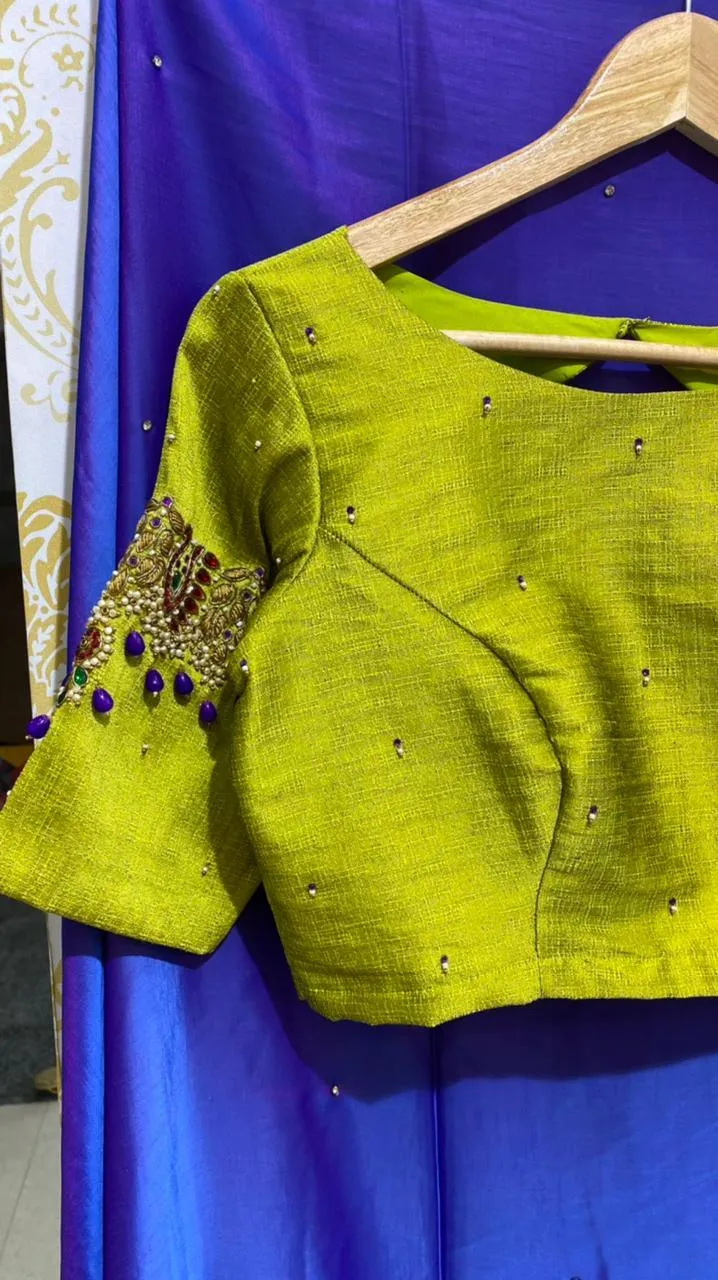 Blue Malai Silk saree with heavy hand worked blouse