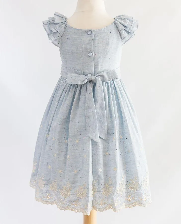 Blue Speckled Embroidered Border Toddler Dress