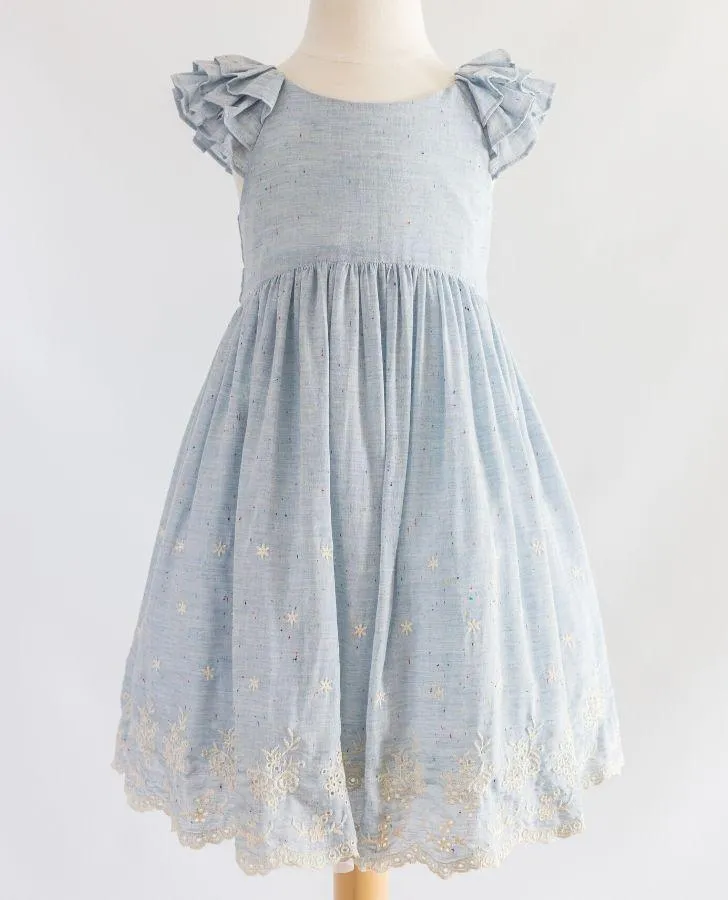 Blue Speckled Embroidered Border Toddler Dress