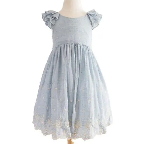 Blue Speckled Embroidered Border Toddler Dress