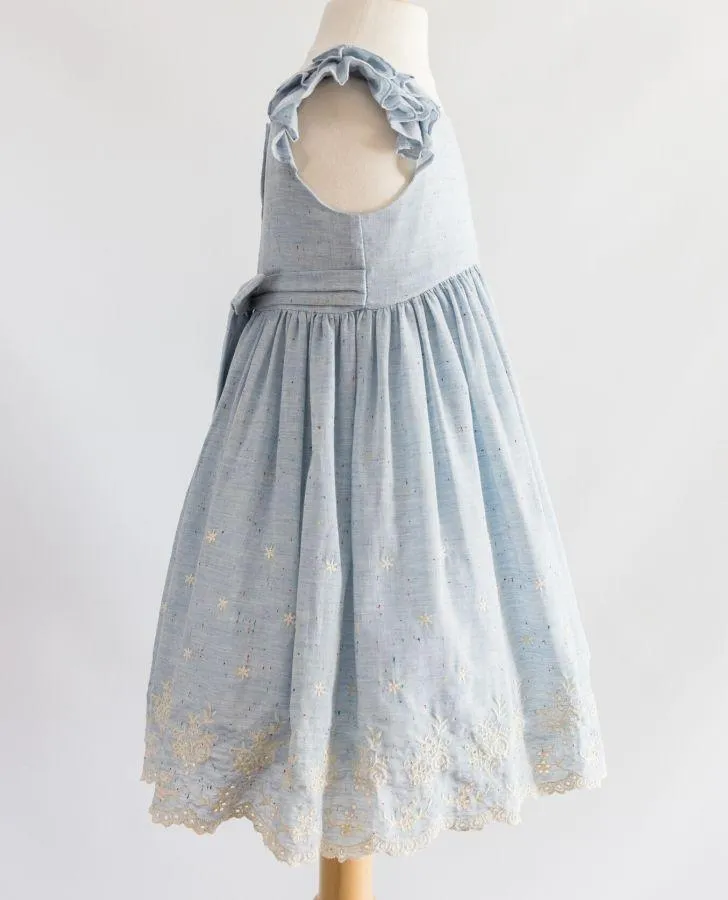 Blue Speckled Embroidered Border Toddler Dress