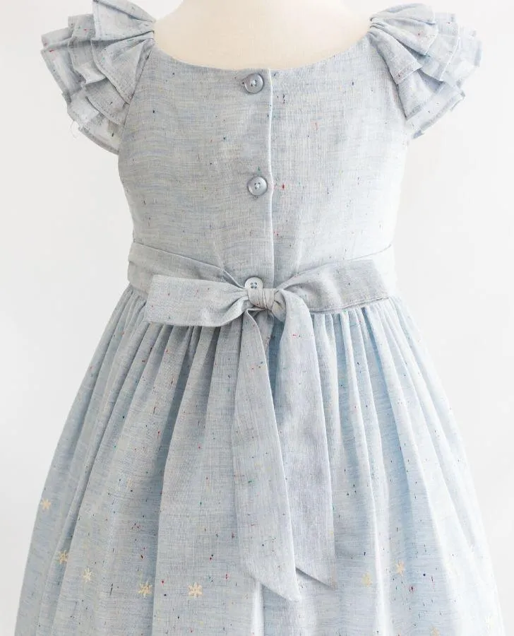 Blue Speckled Embroidered Border Toddler Dress