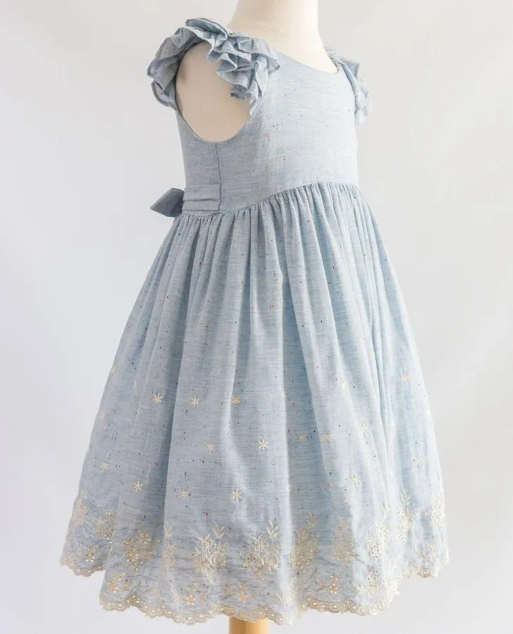 Blue Speckled Embroidered Border Toddler Dress