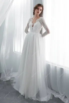 Boho Lace Illusion Long Sleeve Scallop Neck Summer Wedding Dress