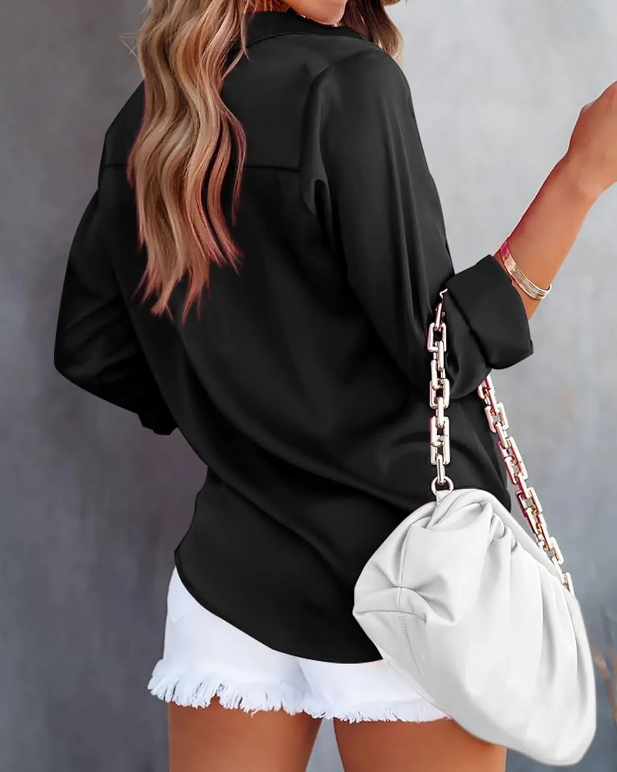BTFBM Button Down Satin Blouses for Women Dressy Casual Lapel V Neck Long Sleeve Shirts Loose Business Work Tops 2024