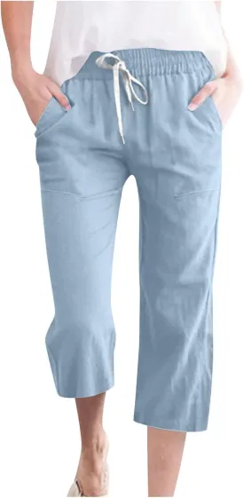 Capri Pants for Women Casual 2025 Summer Drawstring Elastic Waist Linen Pant Straight Wide Leg Pocket Cropped Trouser