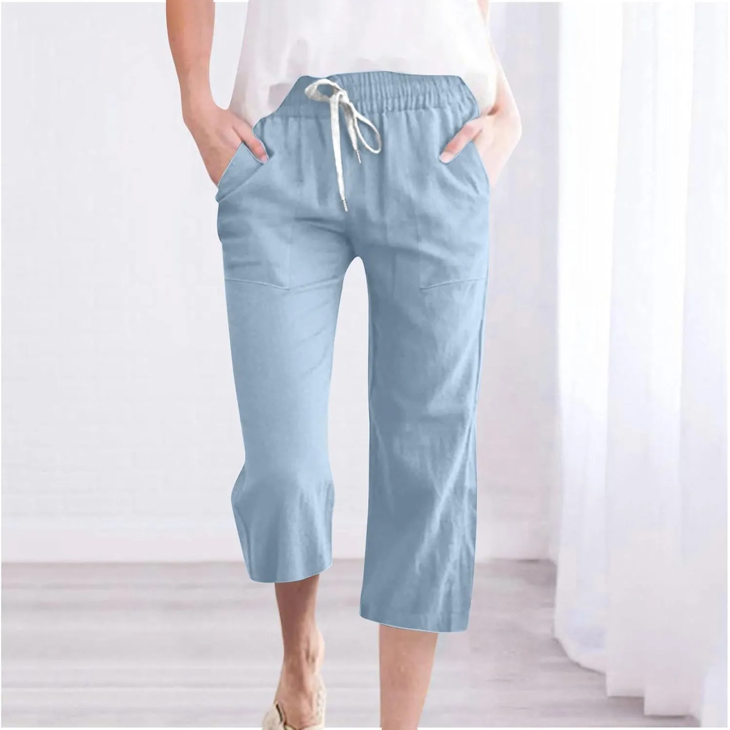 Capri Pants for Women Casual 2025 Summer Drawstring Elastic Waist Linen Pant Straight Wide Leg Pocket Cropped Trouser