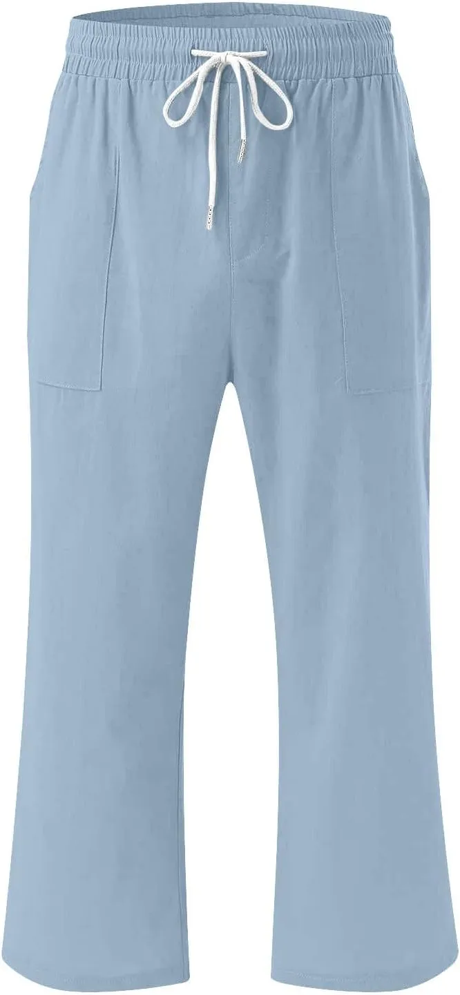 Capri Pants for Women Casual 2025 Summer Drawstring Elastic Waist Linen Pant Straight Wide Leg Pocket Cropped Trouser