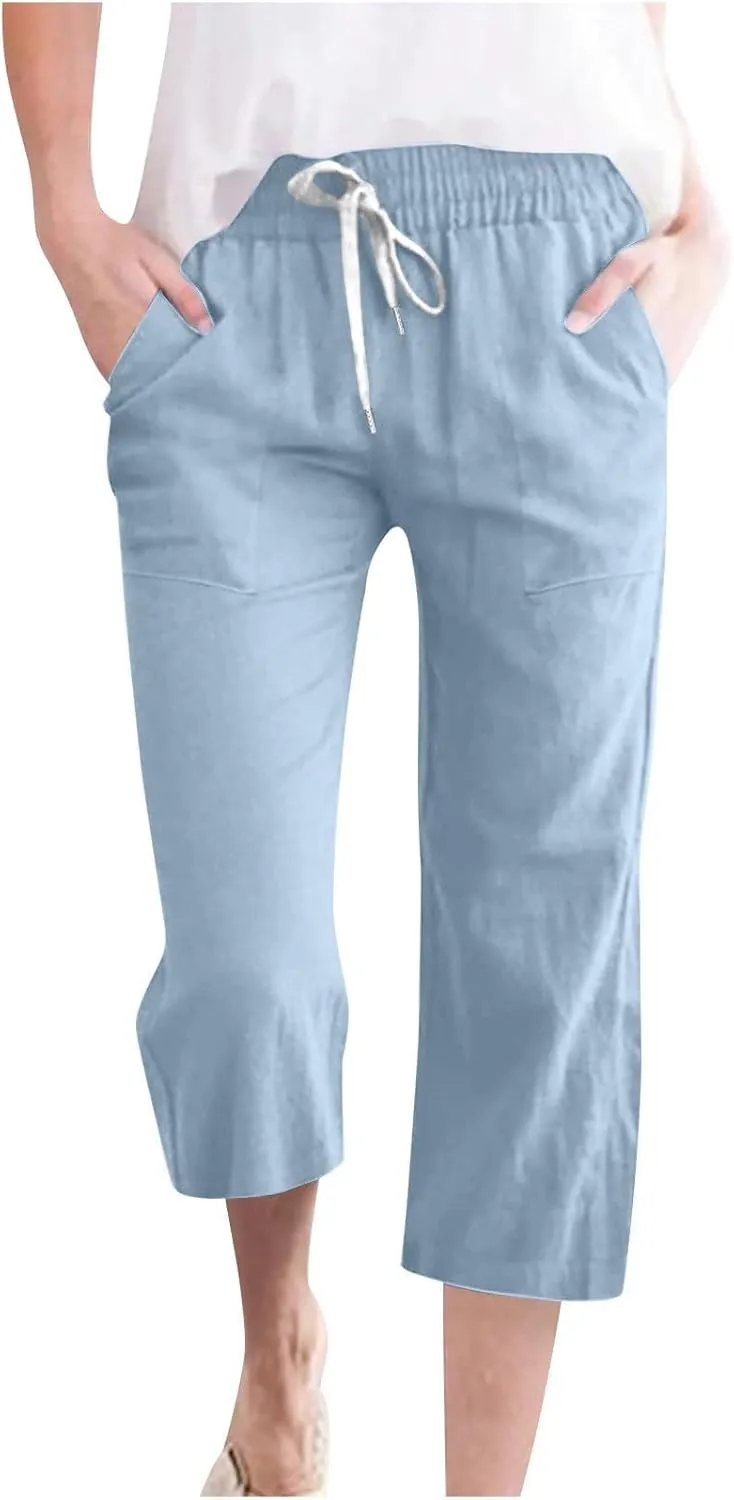 Capri Pants for Women Casual 2025 Summer Drawstring Elastic Waist Linen Pant Straight Wide Leg Pocket Cropped Trouser