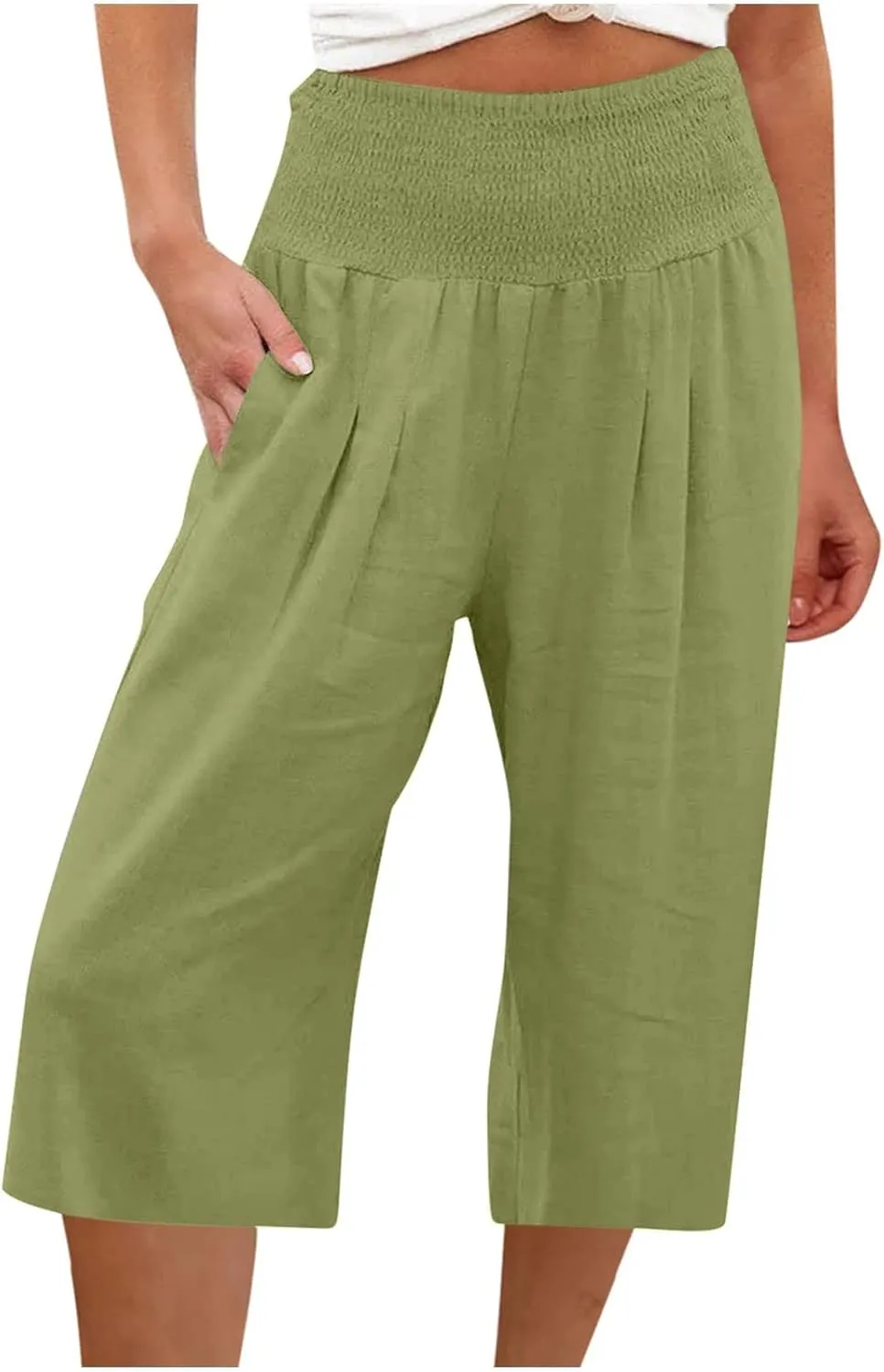 Capri Pants for Women Cotton Linen Summer Casual Wide Leg Capris Smocked High Waist Cropped Trousers with Pockets