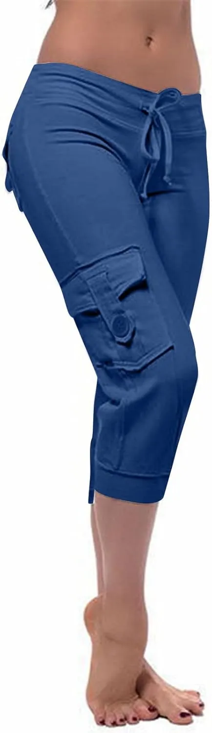 Capri Pants for Women Cropped Yoga Workout Leggings Casual Stretchy Drawstring Jogger Capris with Cargo Pockets