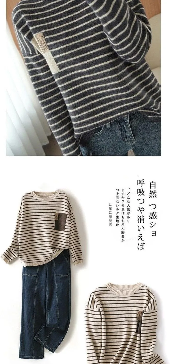 Casual Striped Knit Sweater, Crew Neck, Long Sleeve Pullover, Available in Gray, Navy, Black
