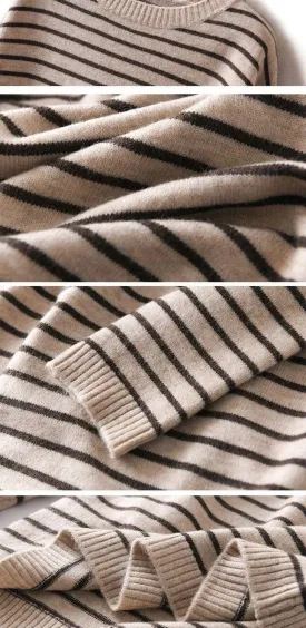 Casual Striped Knit Sweater, Crew Neck, Long Sleeve Pullover, Available in Gray, Navy, Black