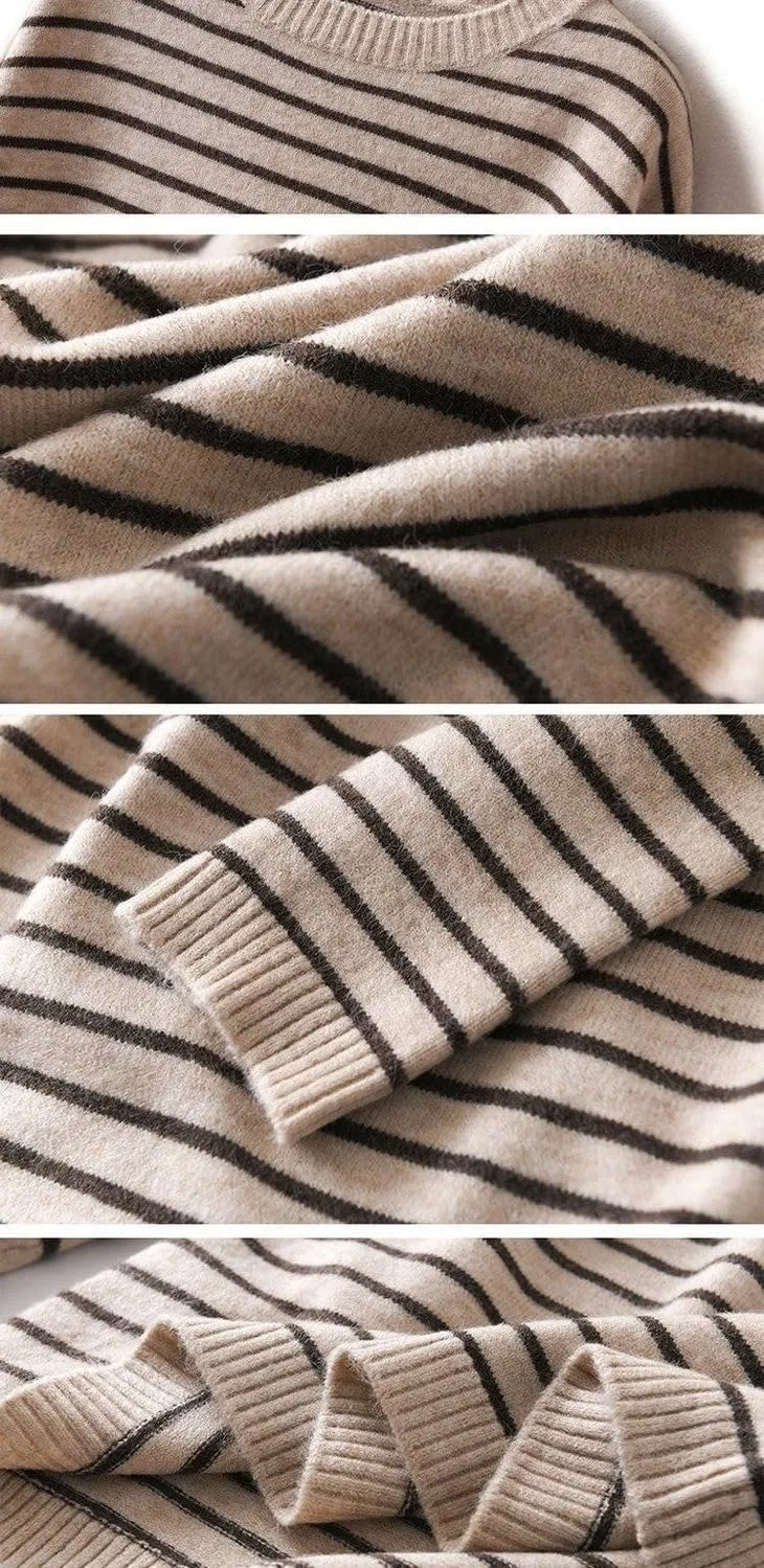 Casual Striped Knit Sweater, Crew Neck, Long Sleeve Pullover, Available in Gray, Navy, Black
