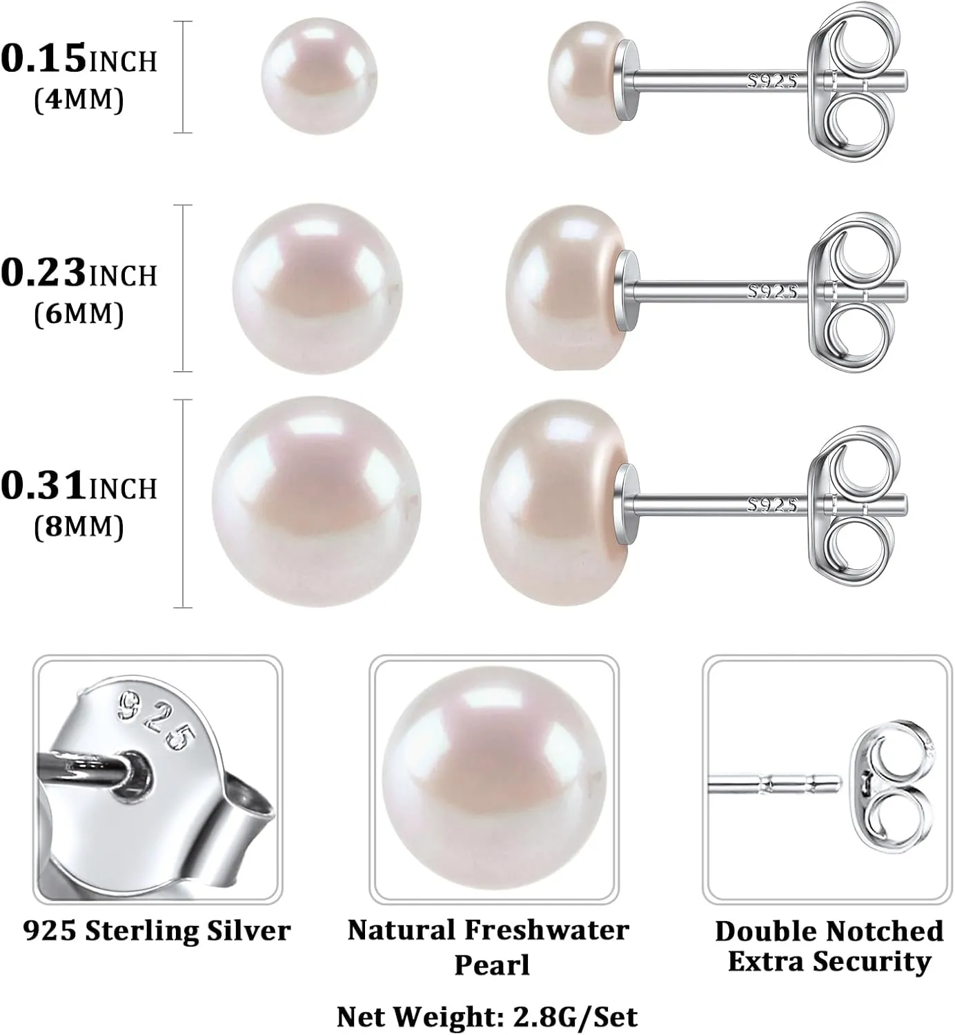 ChicSilver 4-10mm White Freshwater Cultured Pearl Earrings Sterling Silver Studs for Women Girls Sensitive Ear (with Gift Box)