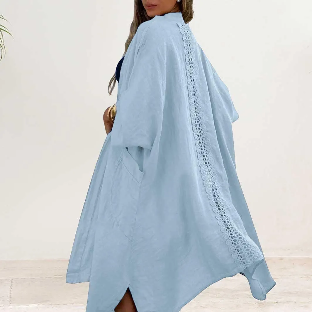 chouyatou Women's Boho Crochet Eyelet Open Front Irregular Long Cotton Beach Coverup Cardigan Shirt Blouses
