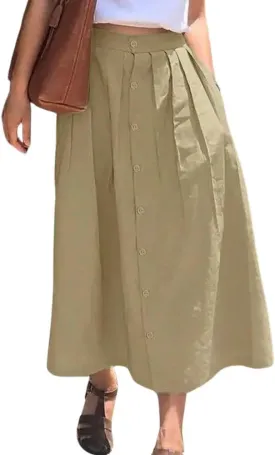 chouyatou Women's High Waisted Button Front Skirt A-Line Pleated Cotton Midi Long Skirt with Pockets