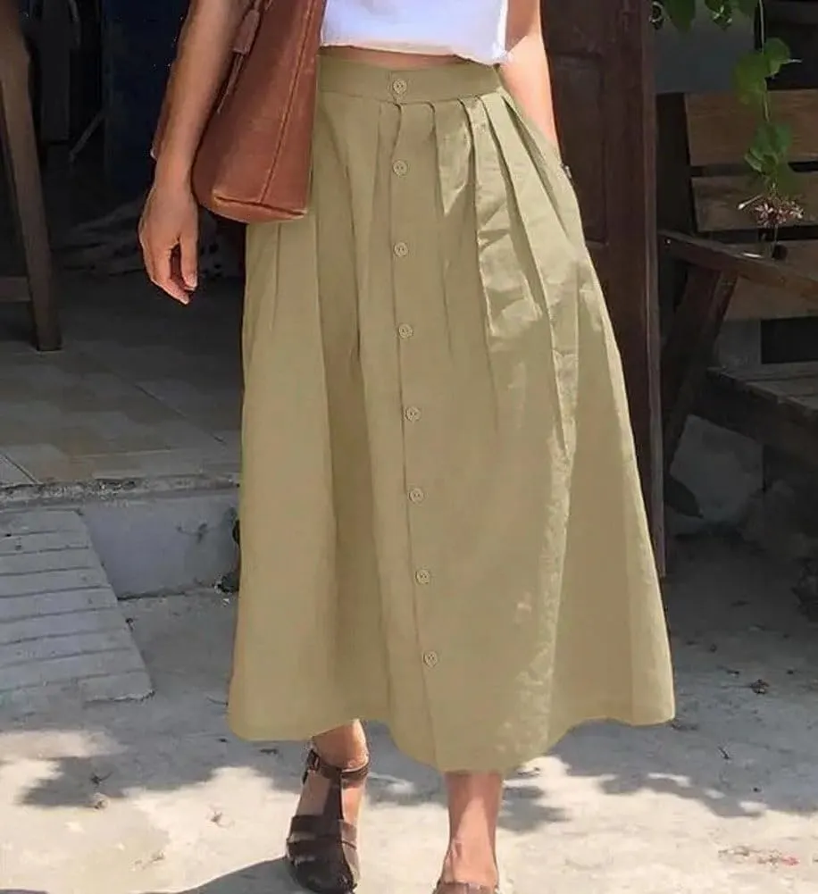 chouyatou Women's High Waisted Button Front Skirt A-Line Pleated Cotton Midi Long Skirt with Pockets