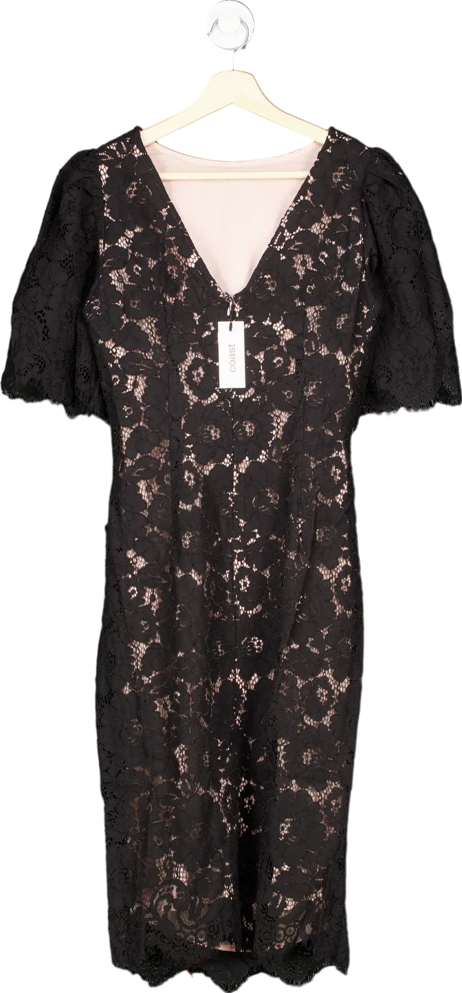 Coast Black Lace Flutter Sleeve Pencil Dress UK 8