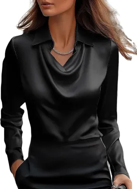 CORIRESHA Women's Elegant Cowl Neck Satin Blouse Long Sleeve Office Work Shirt Silk Top