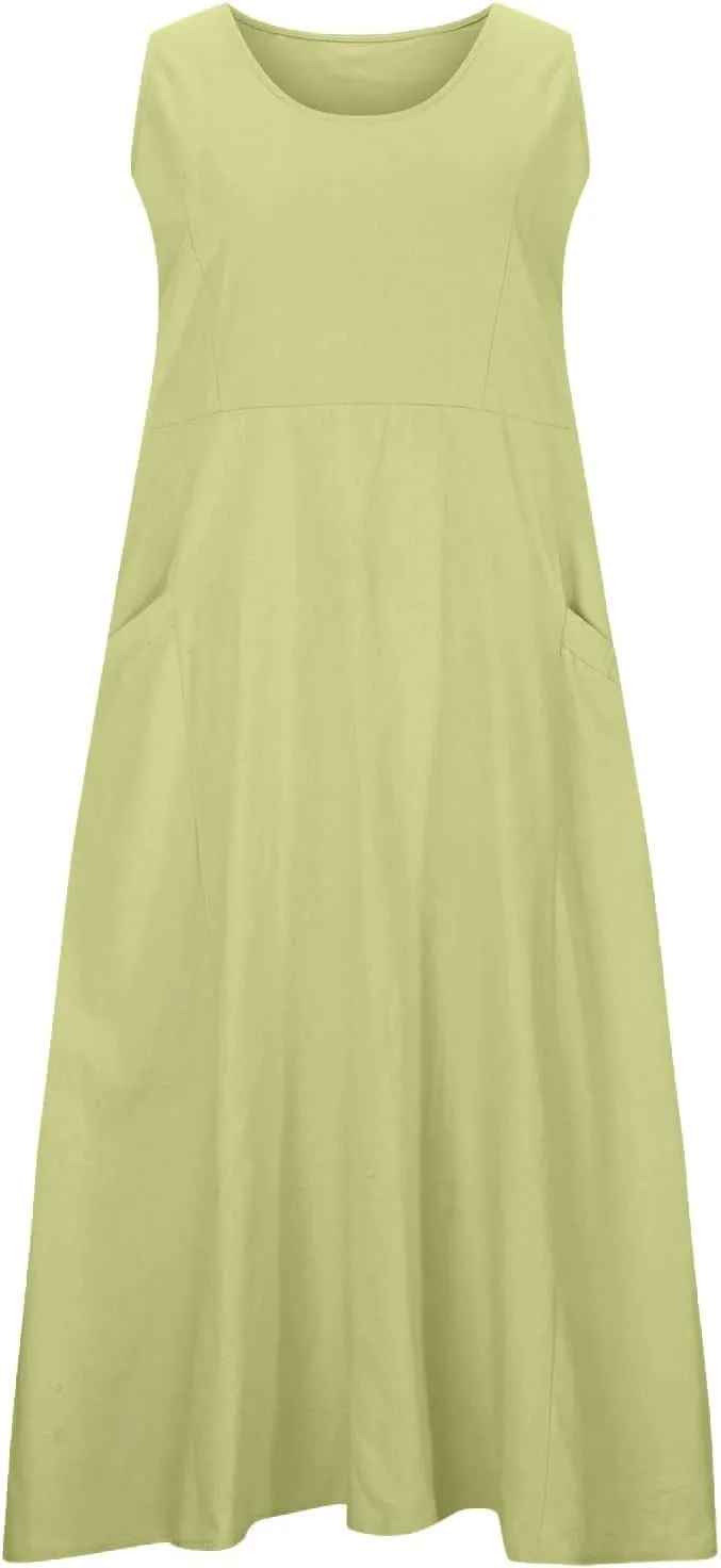 Cotton Linen Maxi Dress Women's 2025 Summer Boho Casual Beach Dresses Sleeveless Solid Long Sundress Vacation Outfits