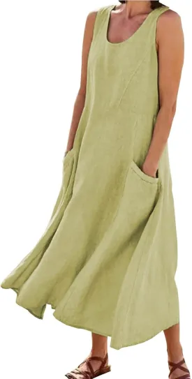 Cotton Linen Maxi Dress Women's 2025 Summer Boho Casual Beach Dresses Sleeveless Solid Long Sundress Vacation Outfits