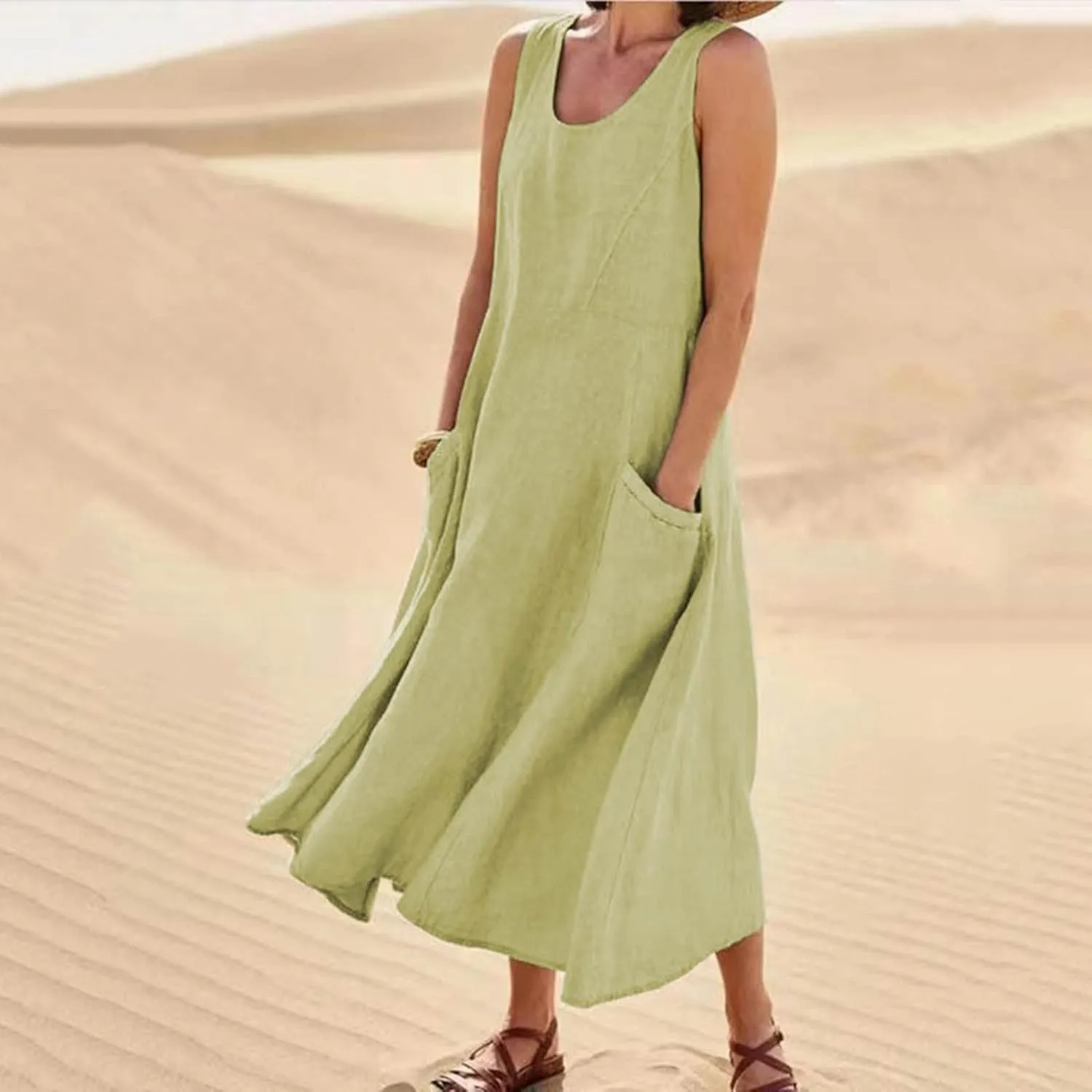 Cotton Linen Maxi Dress Women's 2025 Summer Boho Casual Beach Dresses Sleeveless Solid Long Sundress Vacation Outfits