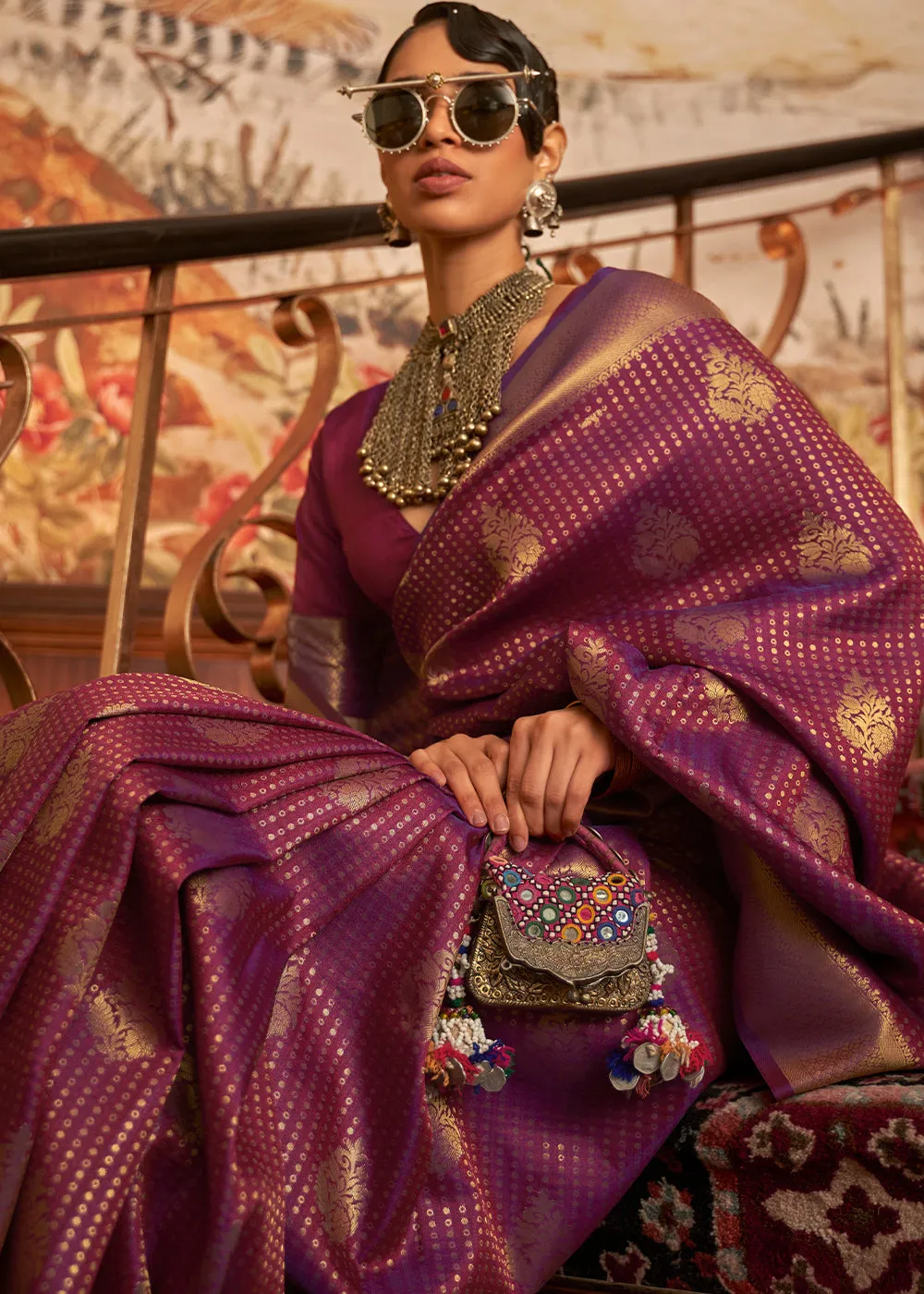 Dark Orchid Purple Woven Banarasi Silk Saree