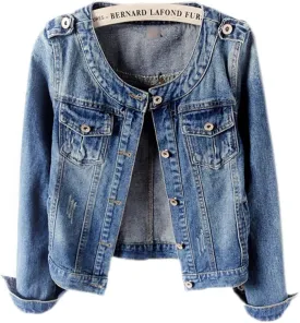 Denim Jackets Women Retro Collarless Long Sleeve Short Crop Jeans Coat