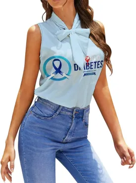 Diabetes Awareness Month Blue Ribbon Women's Shirt Bow Tie Knot Mock Neck Sleeveless Tank Top